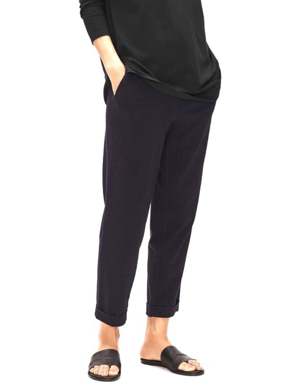 NWT Eileen Fisher Organic Cotton Jersey Tapered Slim Black Pants, Size XL